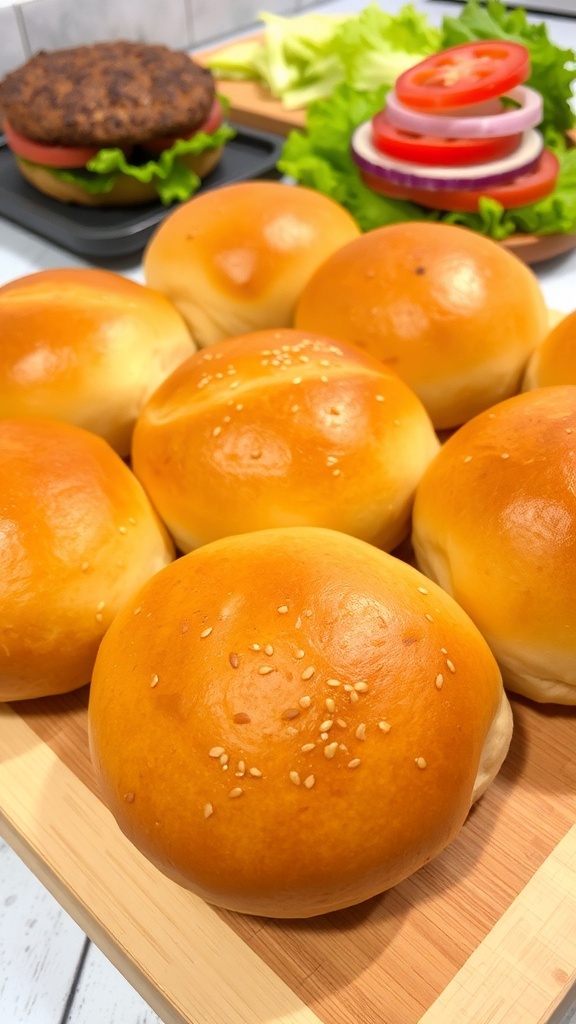 Golden homemade hamburger buns on a cutting board, ready for burgers.